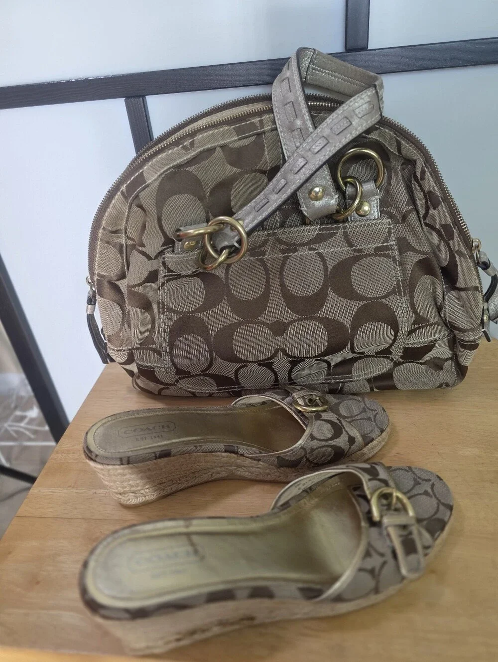 Classic Coach Signature Canvas Mini Satchel & Wedge Sandals Size 11 - Khaki/Tan